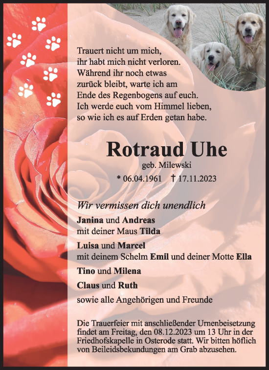 Traueranzeige von Rotraud Uhe von Harz Kurier