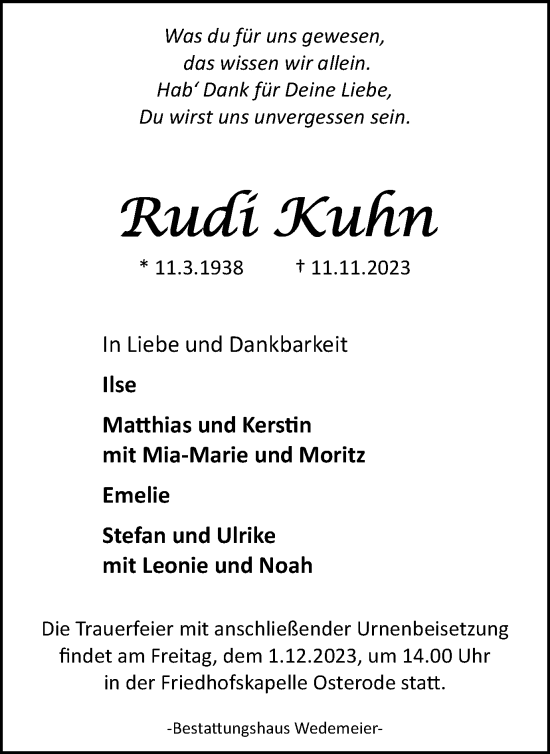Traueranzeige von Rudi Kuhn von Harz Kurier