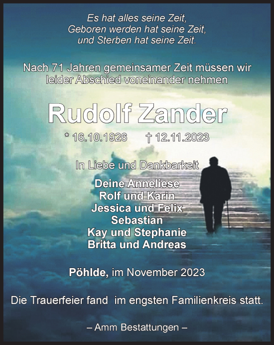 Traueranzeige von Rudolf Zander von Harz Kurier