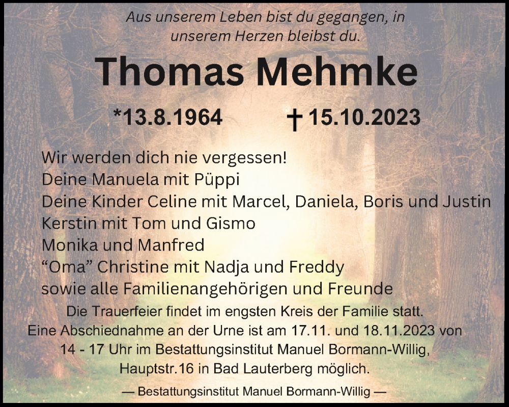  Traueranzeige für Thomas Mehmke vom 04.11.2023 aus Harz Kurier