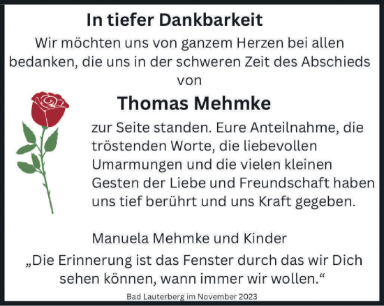 Traueranzeige von Thomas Mehmke von Harz Kurier
