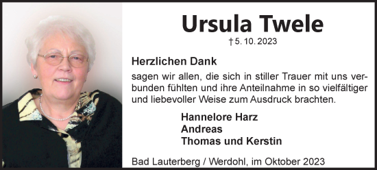 Traueranzeige von Ursula Twele von Harz Kurier