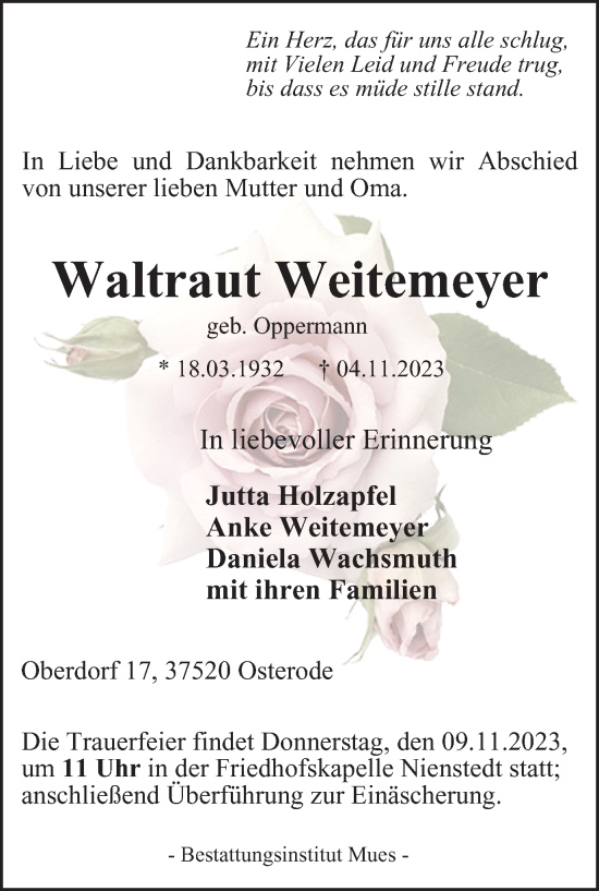 Traueranzeige von Waltraut Weitemeyer von Harz Kurier