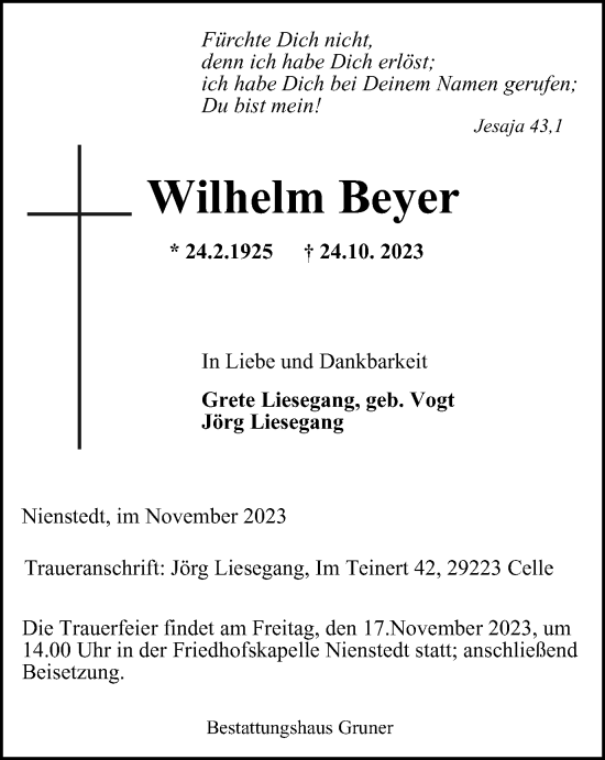 Traueranzeige von Wilhelm Beyer von Harz Kurier
