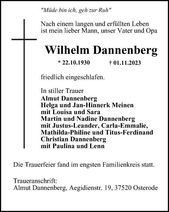 Traueranzeige von Wilhelm Dannenberg von Harz Kurier