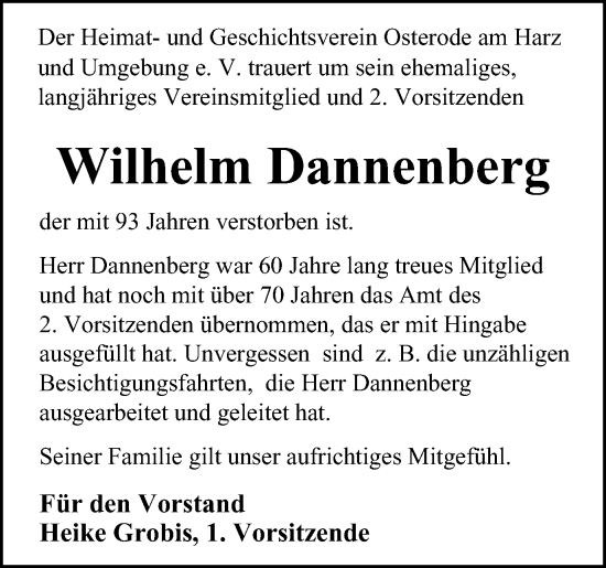 Traueranzeige von Wilhelm Dannenberg von Harz Kurier