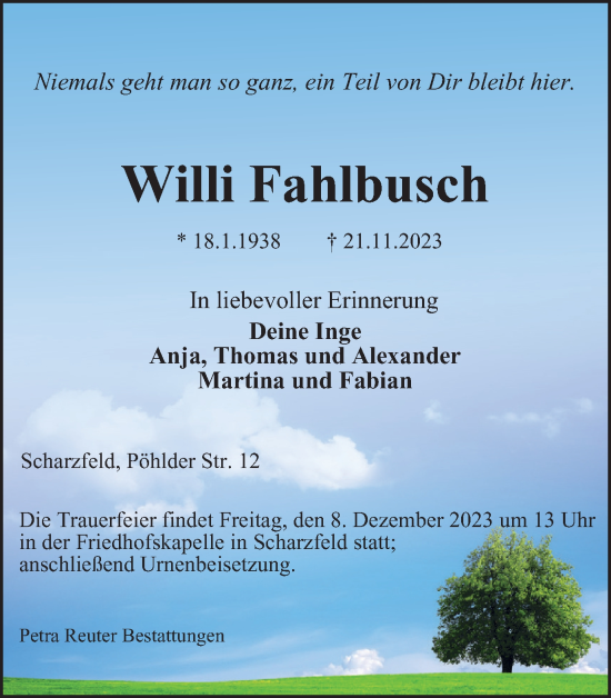 Traueranzeige von Willi Fahlbusch von Harz Kurier