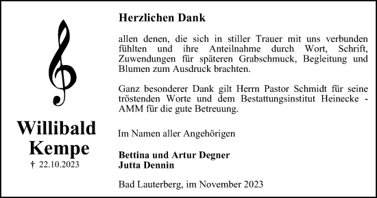 Traueranzeige von Willibald Kempe von Harz Kurier