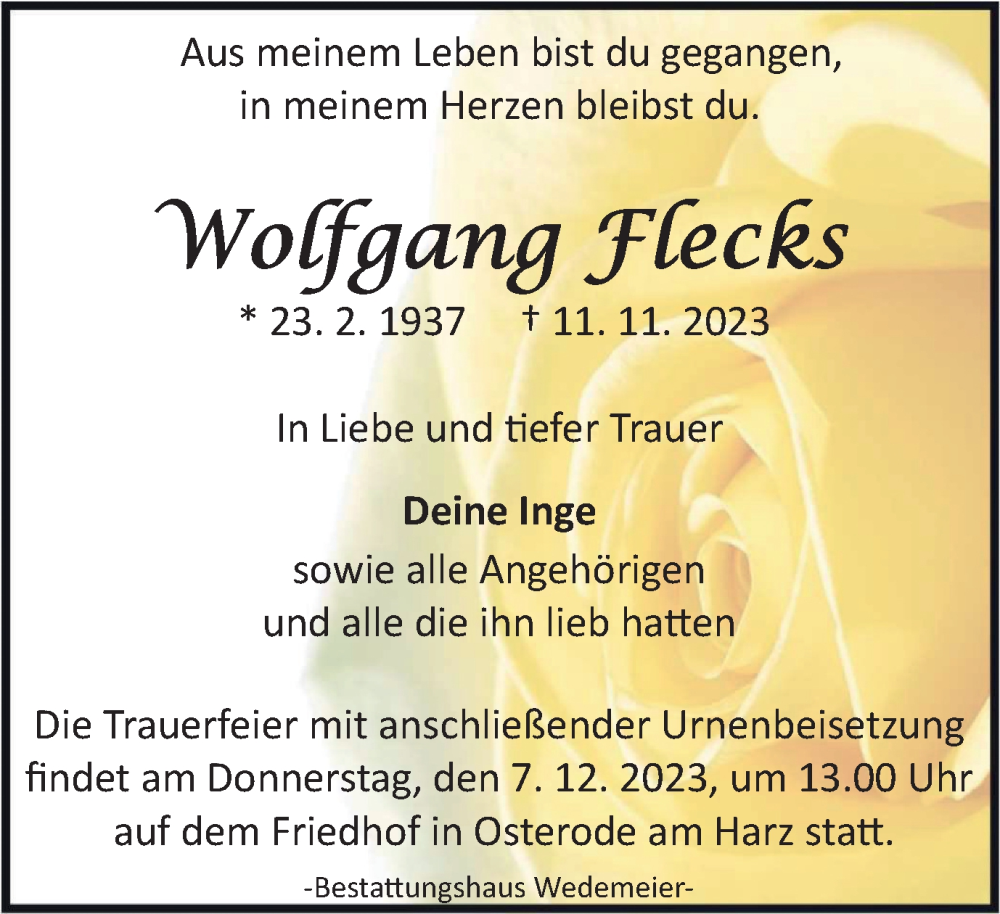  Traueranzeige für Wolfgang Flecks vom 18.11.2023 aus Harz Kurier