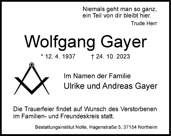 Traueranzeige von Wolfgang Gayer von Harz Kurier