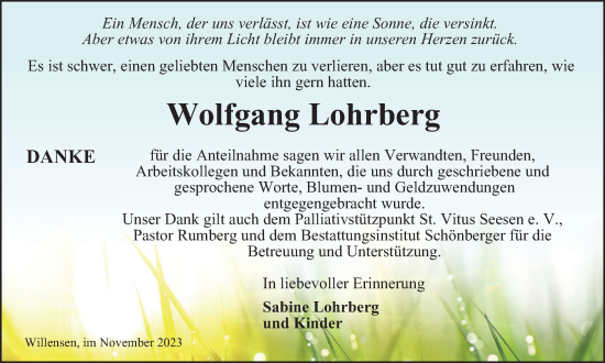Traueranzeige von Wolfgang Lohrberg von Harz Kurier