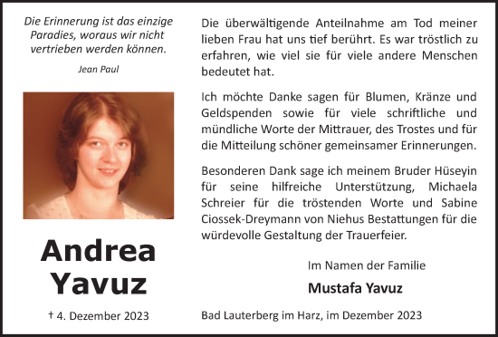 Traueranzeige von Andrea Yavuz von Harz Kurier