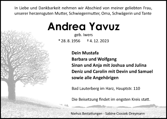 Traueranzeige von Andrea Yavuz von Harz Kurier
