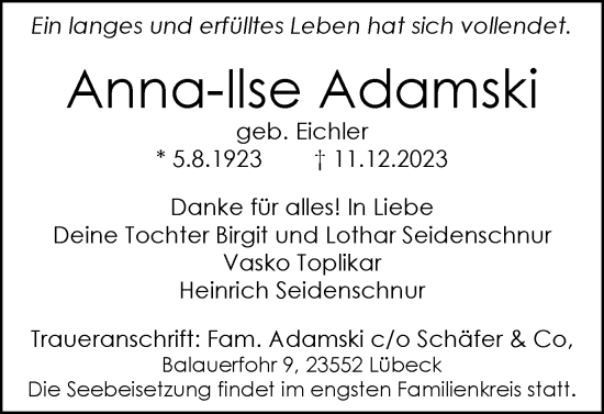 Traueranzeige von Anna-Ilse Adamski von Harz Kurier