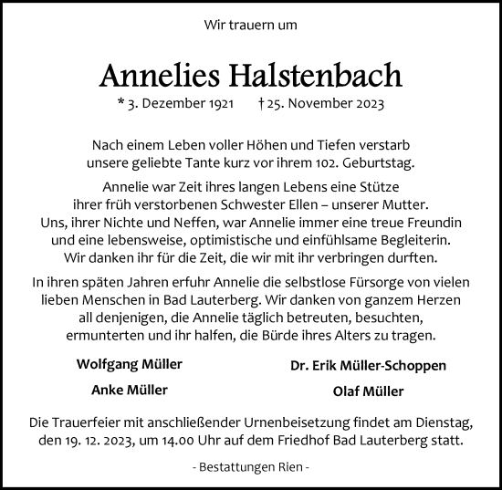 Traueranzeige von Annelies Halstenbach von Harz Kurier