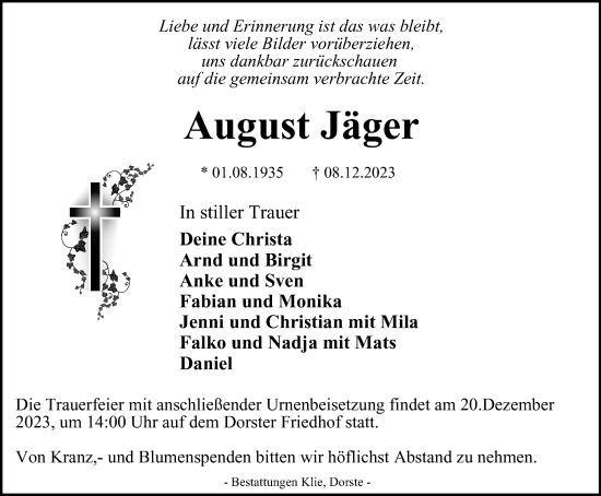Traueranzeige von August Jäger von Harz Kurier