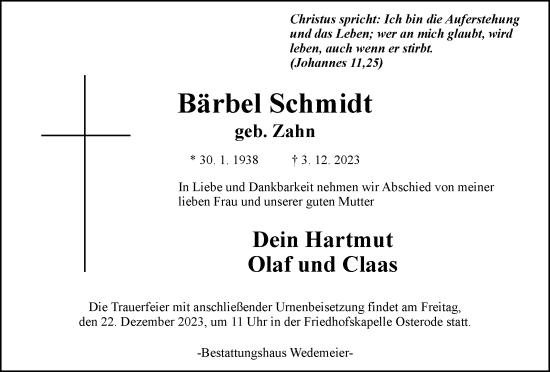 Traueranzeige von Bärbel Schmidt von Harz Kurier