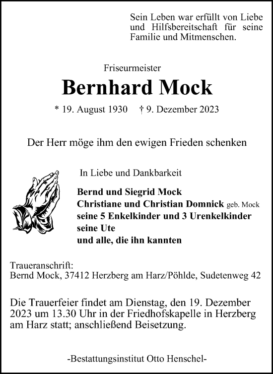 Traueranzeige von Bernhard Mock von Harz Kurier