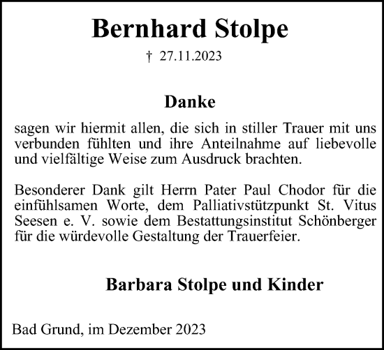 Traueranzeige von Bernhard Stolpe von Harz Kurier