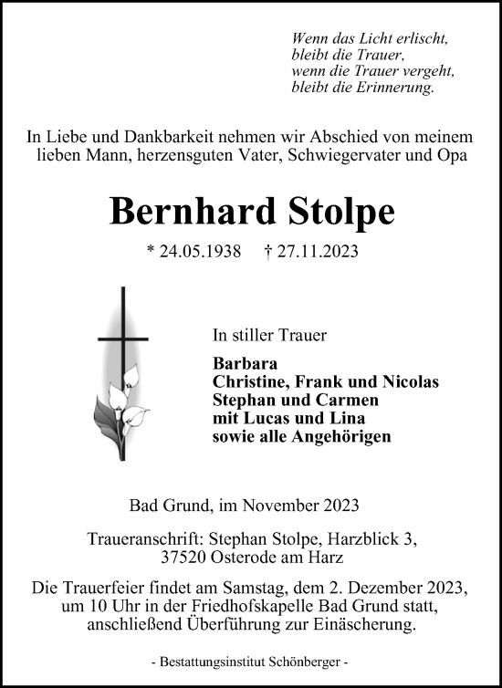 Traueranzeige von Bernhard Stolpe von Harz Kurier