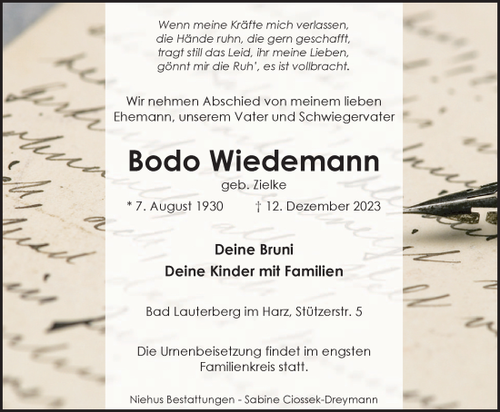 Traueranzeige von Bodo Wiedemann von Harz Kurier