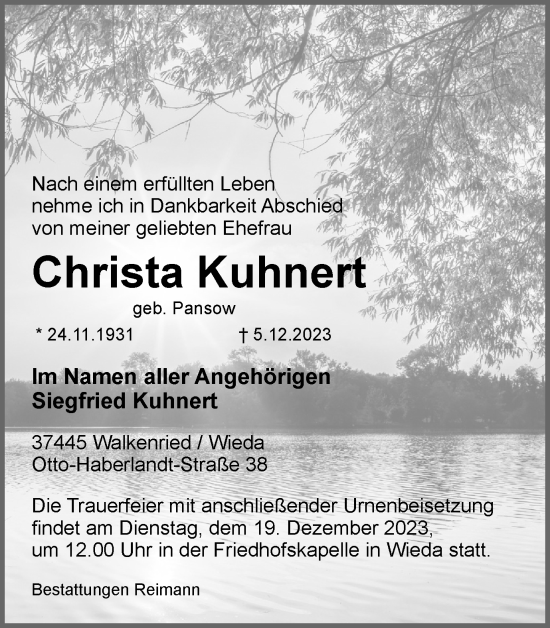 Traueranzeige von Christa Kuhnert von Harz Kurier