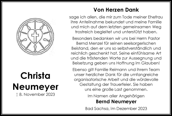 Traueranzeige von Christa Neumeyer von Harz Kurier