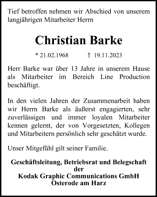 Traueranzeige von Christian Barke von Harz Kurier