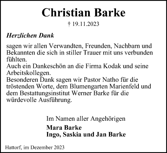 Traueranzeige von Christian Barke von Harz Kurier