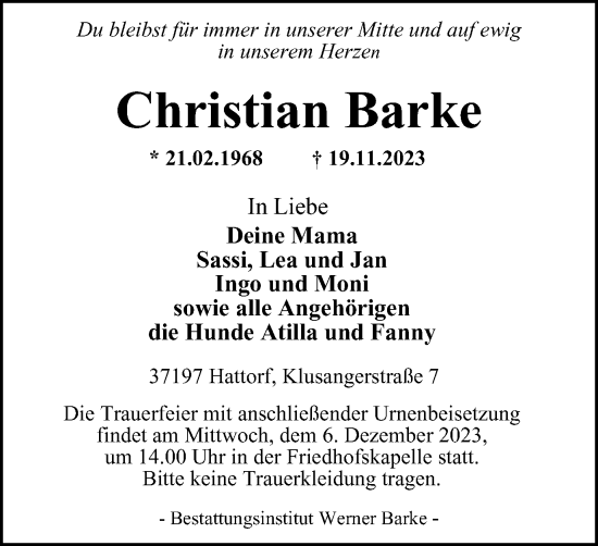 Traueranzeige von Christian Barke von Harz Kurier
