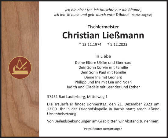 Traueranzeige von Christian Ließmann von Harz Kurier