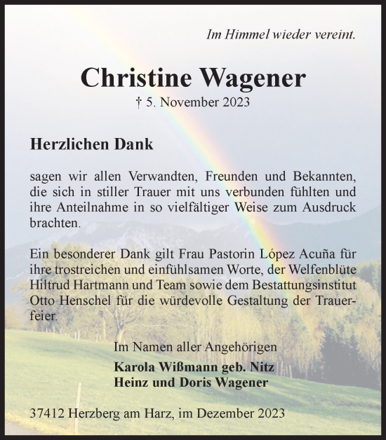 Traueranzeige von Christine Wagener von Harz Kurier