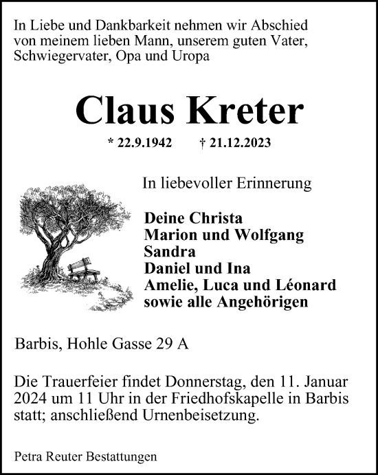 Traueranzeige von Claus Kreter von Harz Kurier