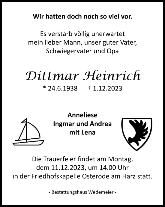 Traueranzeige von Dittmar Heinrich von Harz Kurier