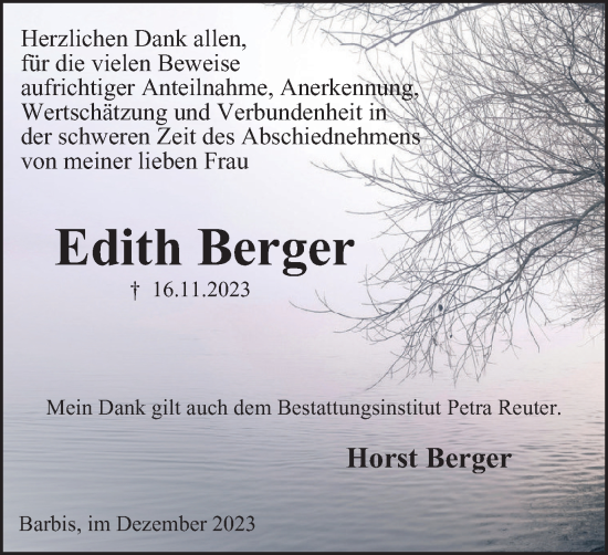Traueranzeige von Edith Berger von Harz Kurier