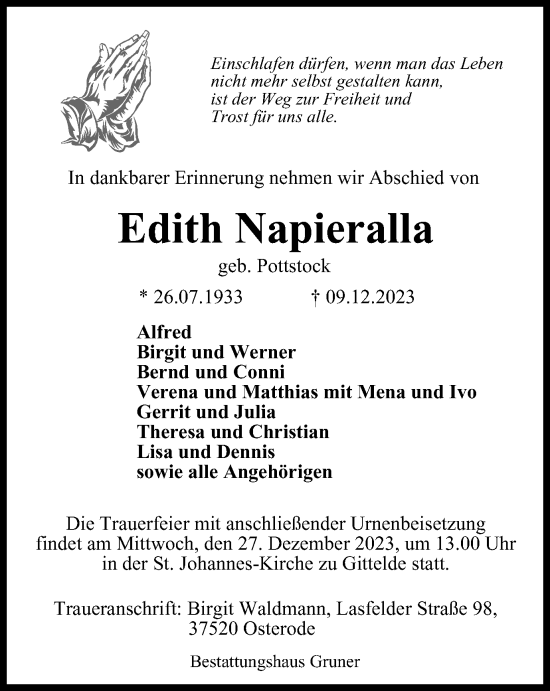 Traueranzeige von Edith Napieralla von Harz Kurier