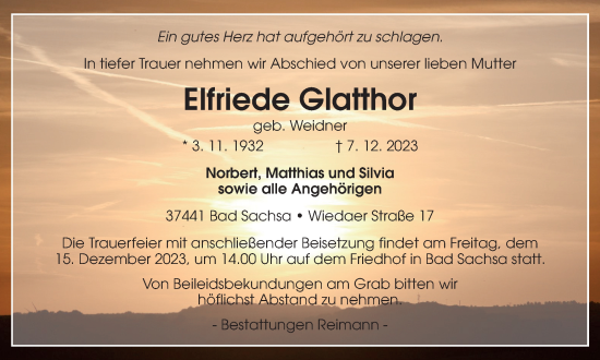 Traueranzeige von Elfriede Glatthor von Harz Kurier