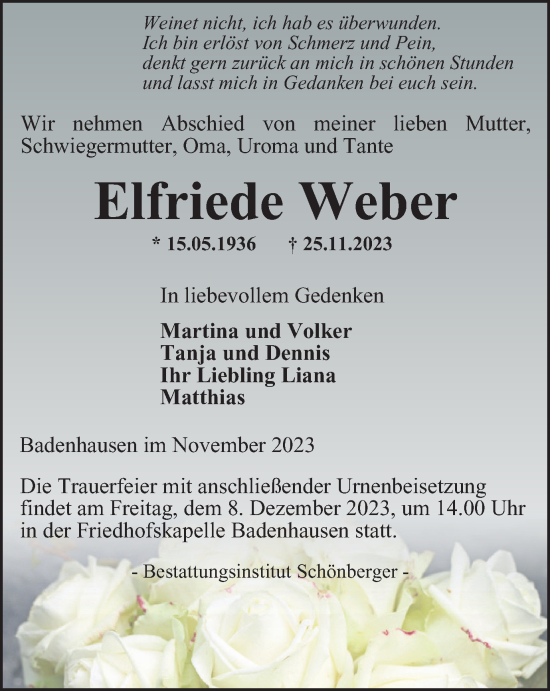 Traueranzeige von Elfriede Weber von Harz Kurier