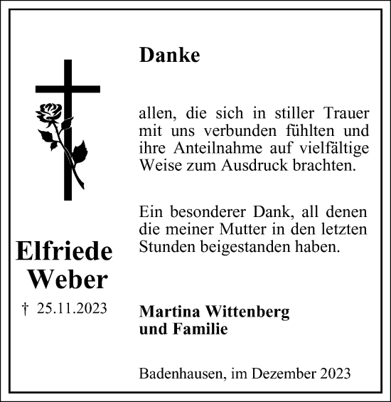 Traueranzeige von Elfriede Weber von Harz Kurier