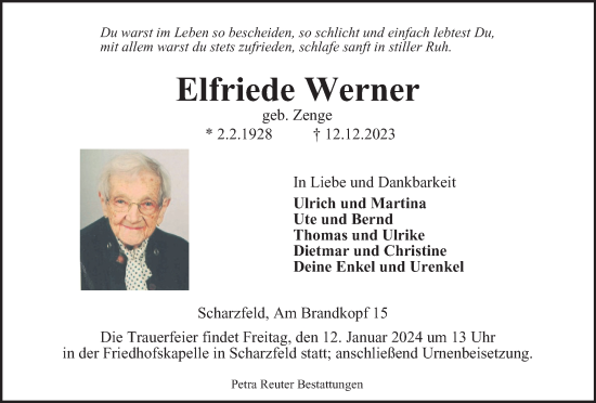 Traueranzeige von Elfriede Werner von Harz Kurier