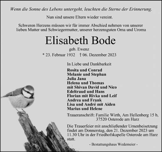 Traueranzeige von Elisabeth Bode von Harz Kurier