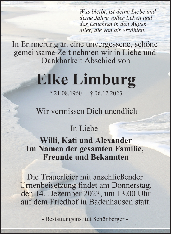 Traueranzeige von Elke Limburg von Harz Kurier