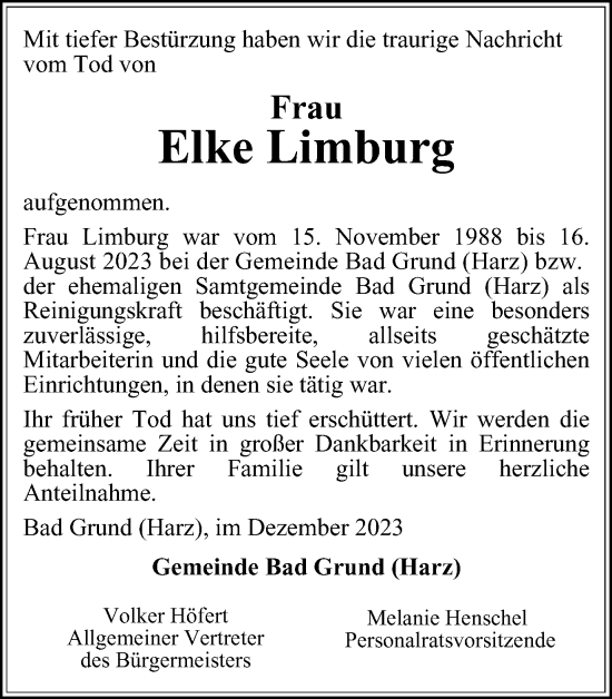 Traueranzeige von Elke Limburg von Harz Kurier