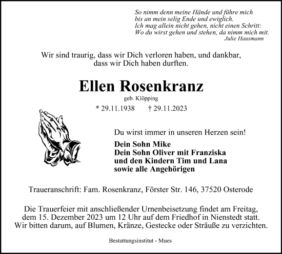 Traueranzeige von Ellen Rosenkranz von Harz Kurier