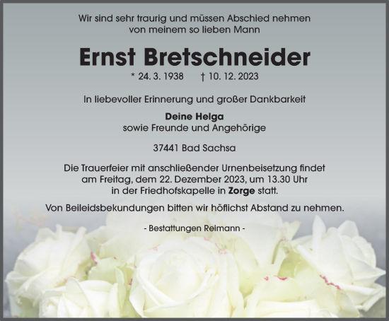 Traueranzeige von Ernst Bretschneider von Harz Kurier