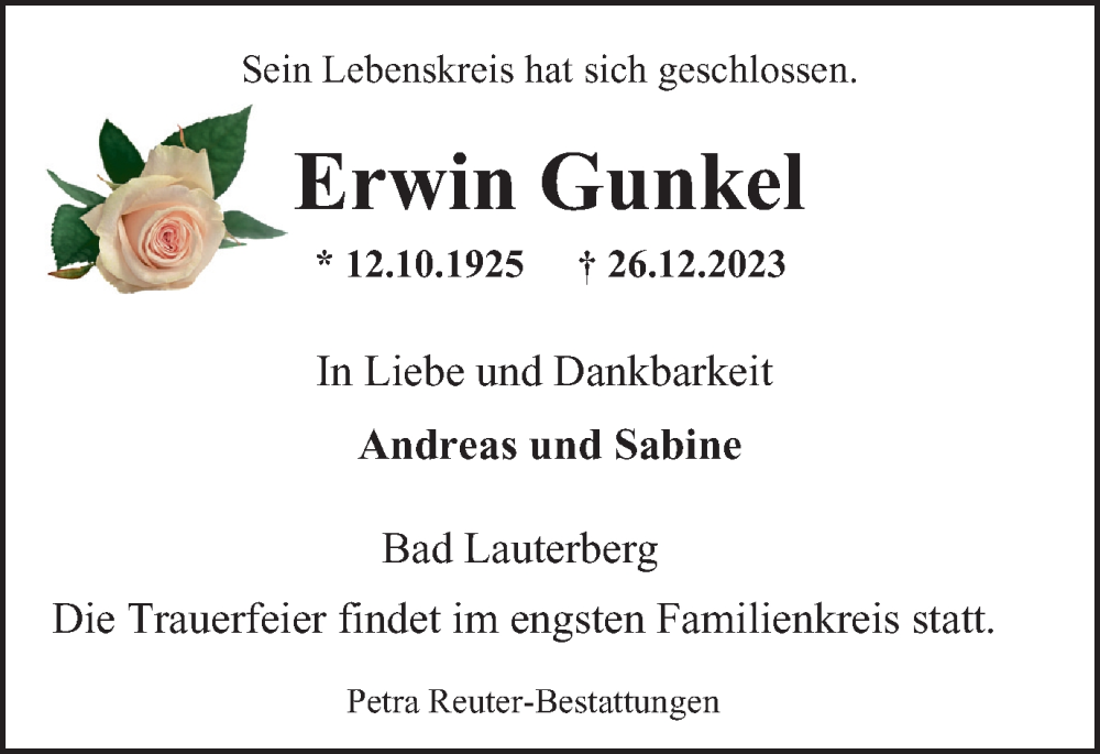  Traueranzeige für Erwin Gunkel vom 30.12.2023 aus Harz Kurier