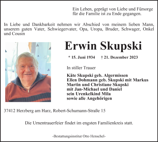 Traueranzeige von Erwin Skupski von Harz Kurier