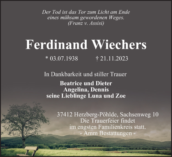 Traueranzeige von Ferdinand Wiechers von Harz Kurier