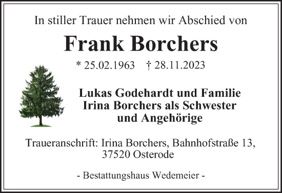 Traueranzeige von Frank Borchers von Harz Kurier