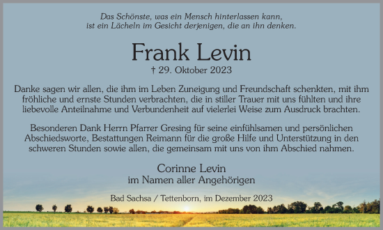 Traueranzeige von Frank Levin von Harz Kurier